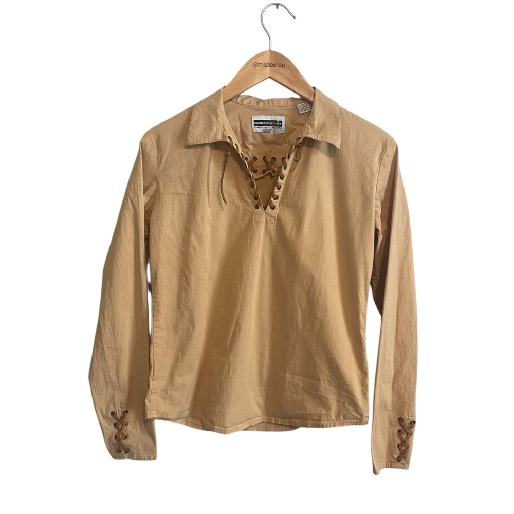 Panhandle Slim Quality Western Wear Tan Faux Leather Lace Up Detail Shirt Medium